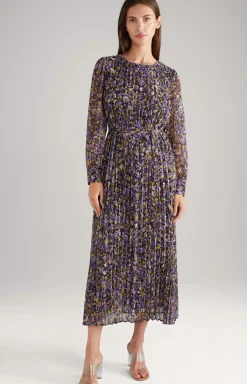 Chiffon Pleated Dress in a Purple/Yellow Pattern