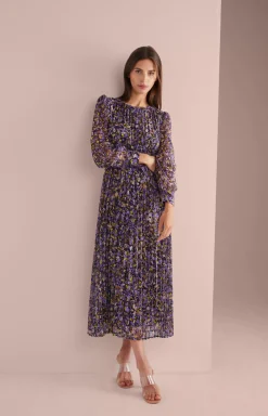 Chiffon Pleated Dress in a Purple/Yellow Pattern