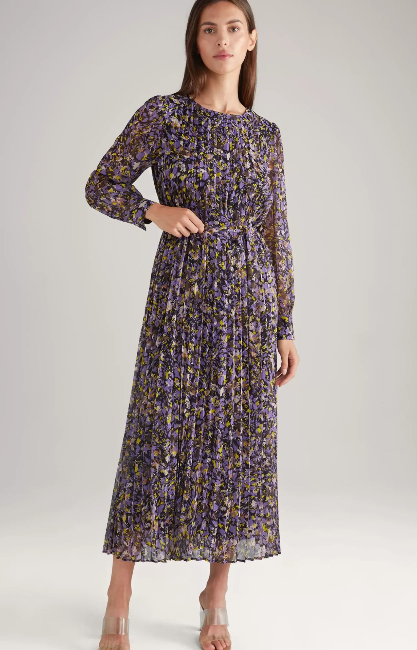 Chiffon Pleated Dress in a Purple/Yellow Pattern