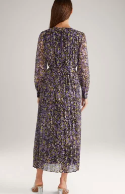 Chiffon Pleated Dress in a Purple/Yellow Pattern