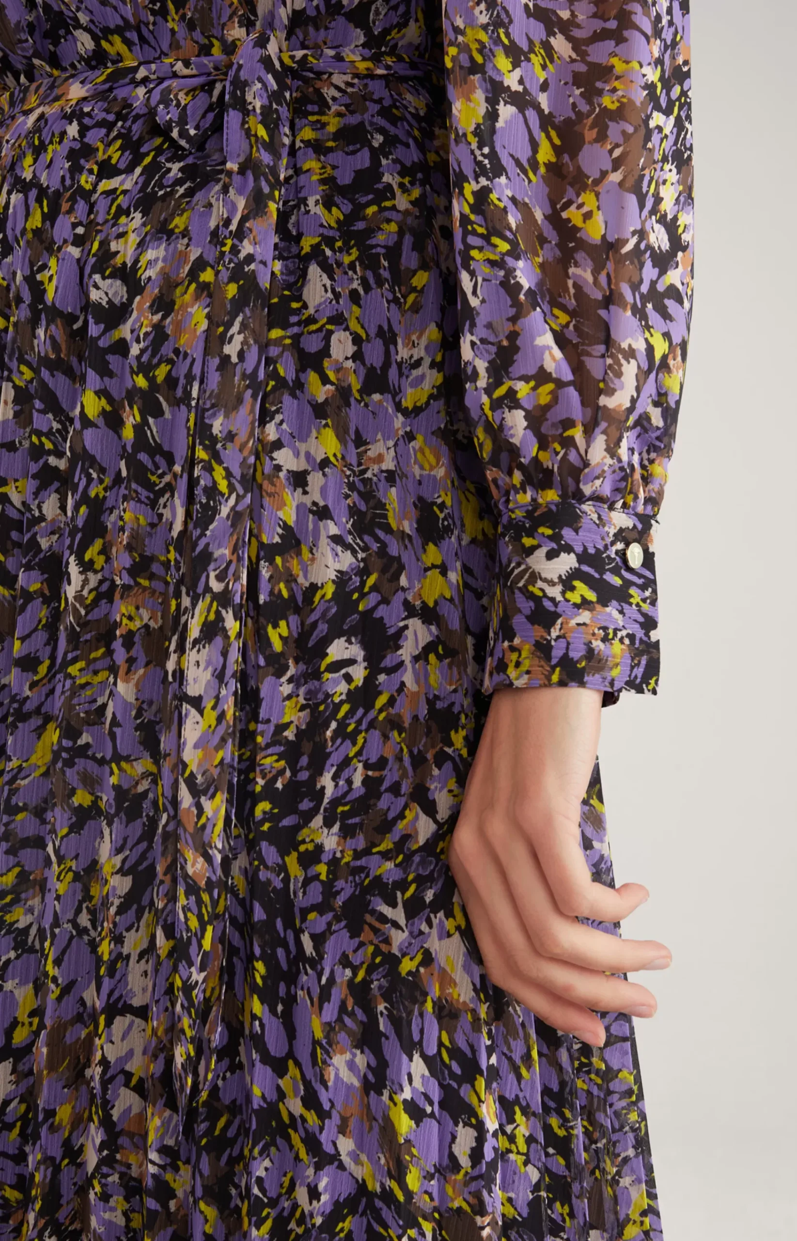 Chiffon Pleated Dress in a Purple/Yellow Pattern