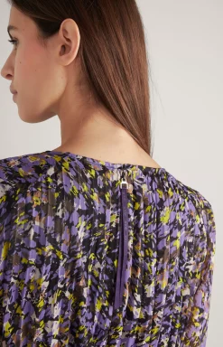 Chiffon Pleated Dress in a Purple/Yellow Pattern