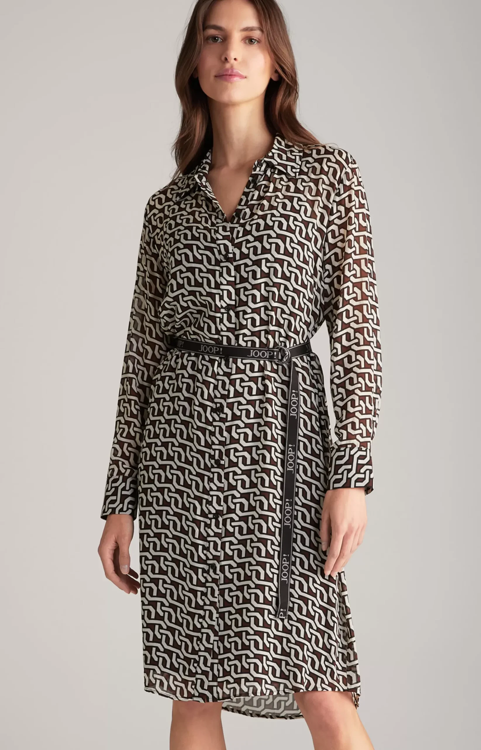 Georgette Shirt Dress in a Brown/Cream/Black Pattern