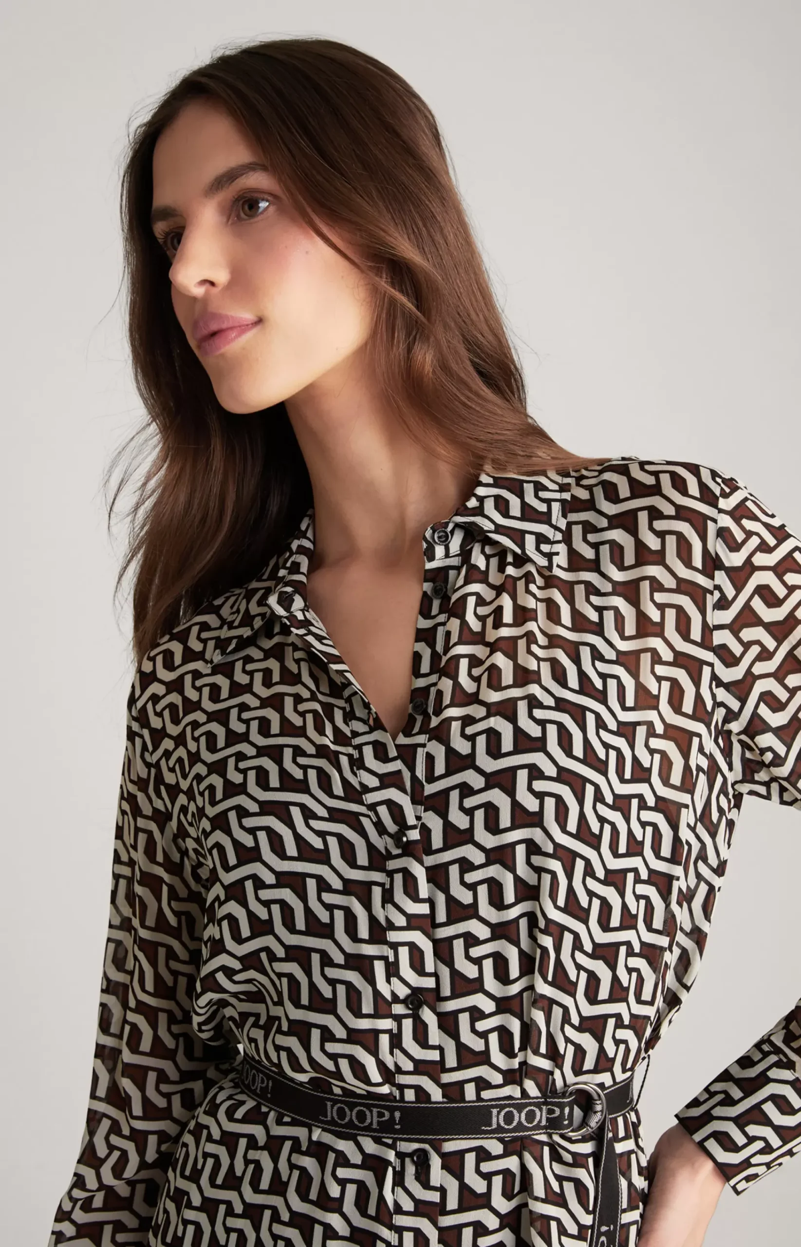 Georgette Shirt Dress in a Brown/Cream/Black Pattern