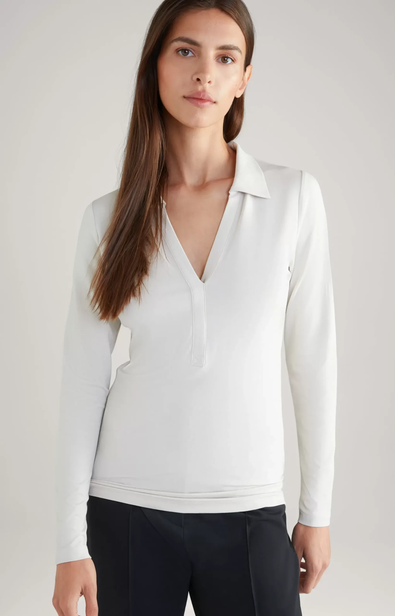 Long-sleeved Polo Shirt in Light Beige