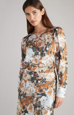 Long-sleeved Satin Blouse in a Brown/Black/Ecru Pattern