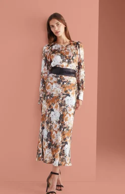 Long-sleeved Satin Blouse in a Brown/Black/Ecru Pattern