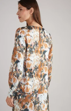 Long-sleeved Satin Blouse in a Brown/Black/Ecru Pattern