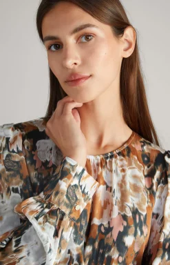 Long-sleeved Satin Blouse in a Brown/Black/Ecru Pattern
