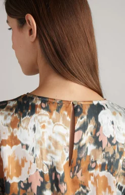 Long-sleeved Satin Blouse in a Brown/Black/Ecru Pattern