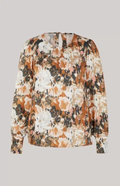 Long-sleeved Satin Blouse in a Brown/Black/Ecru Pattern