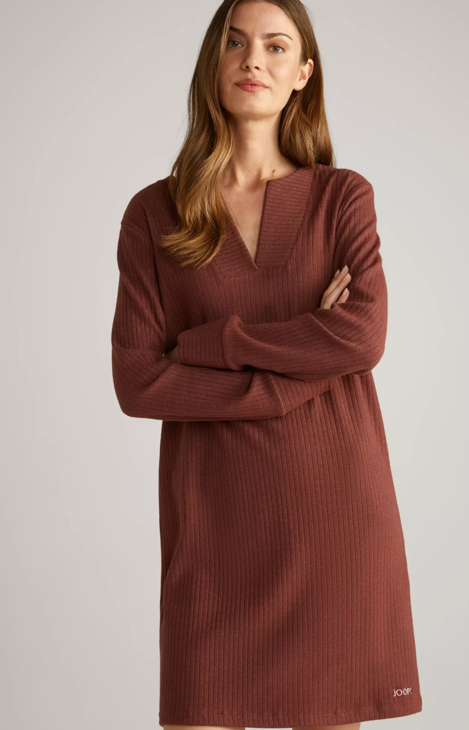 Ribbed Long Loungewear Shirt in Coffee