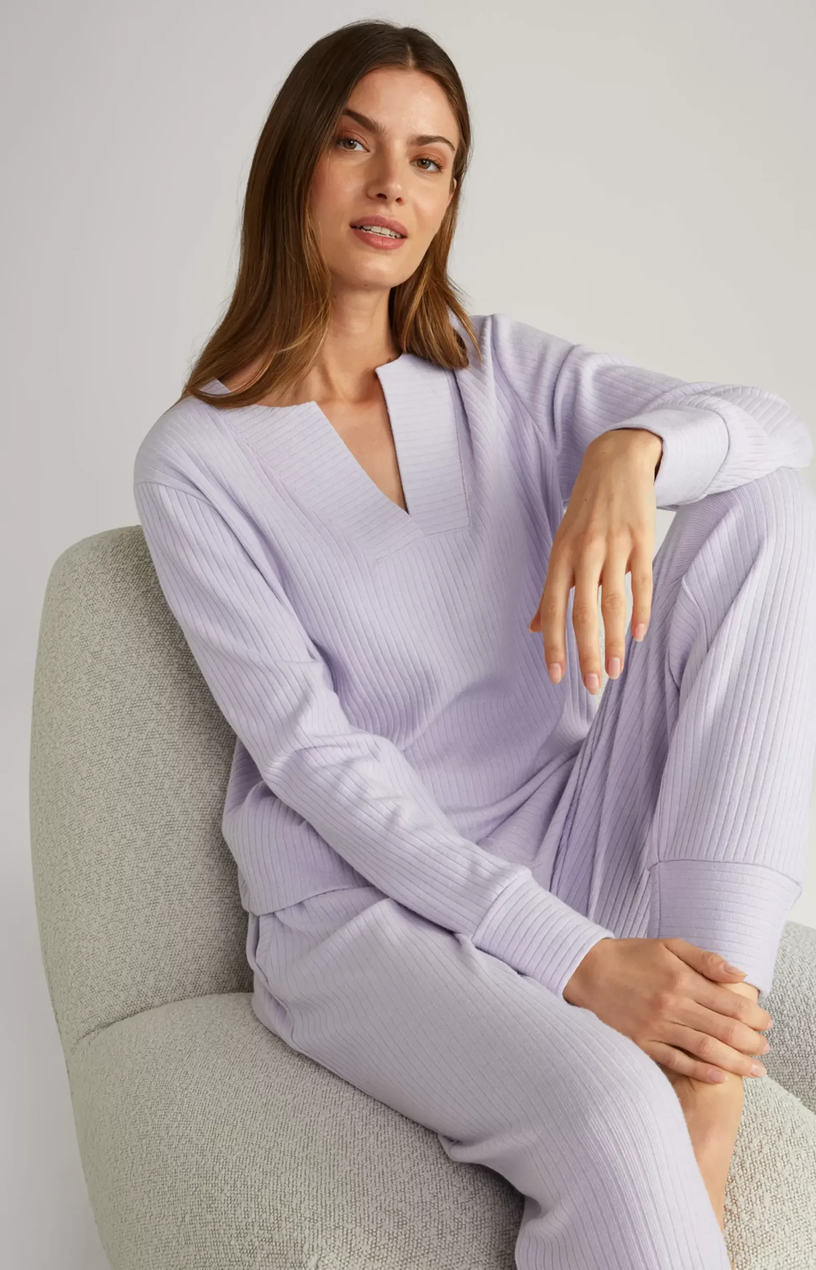 Ribbed Long-Sleeve Loungewear Top in Lavender