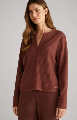 Ribbed Long-Sleeve Loungewear Top in Coffee