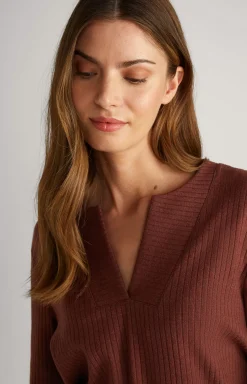 Ribbed Long-Sleeve Loungewear Top in Coffee