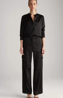Satin Cargo Trousers in Black
