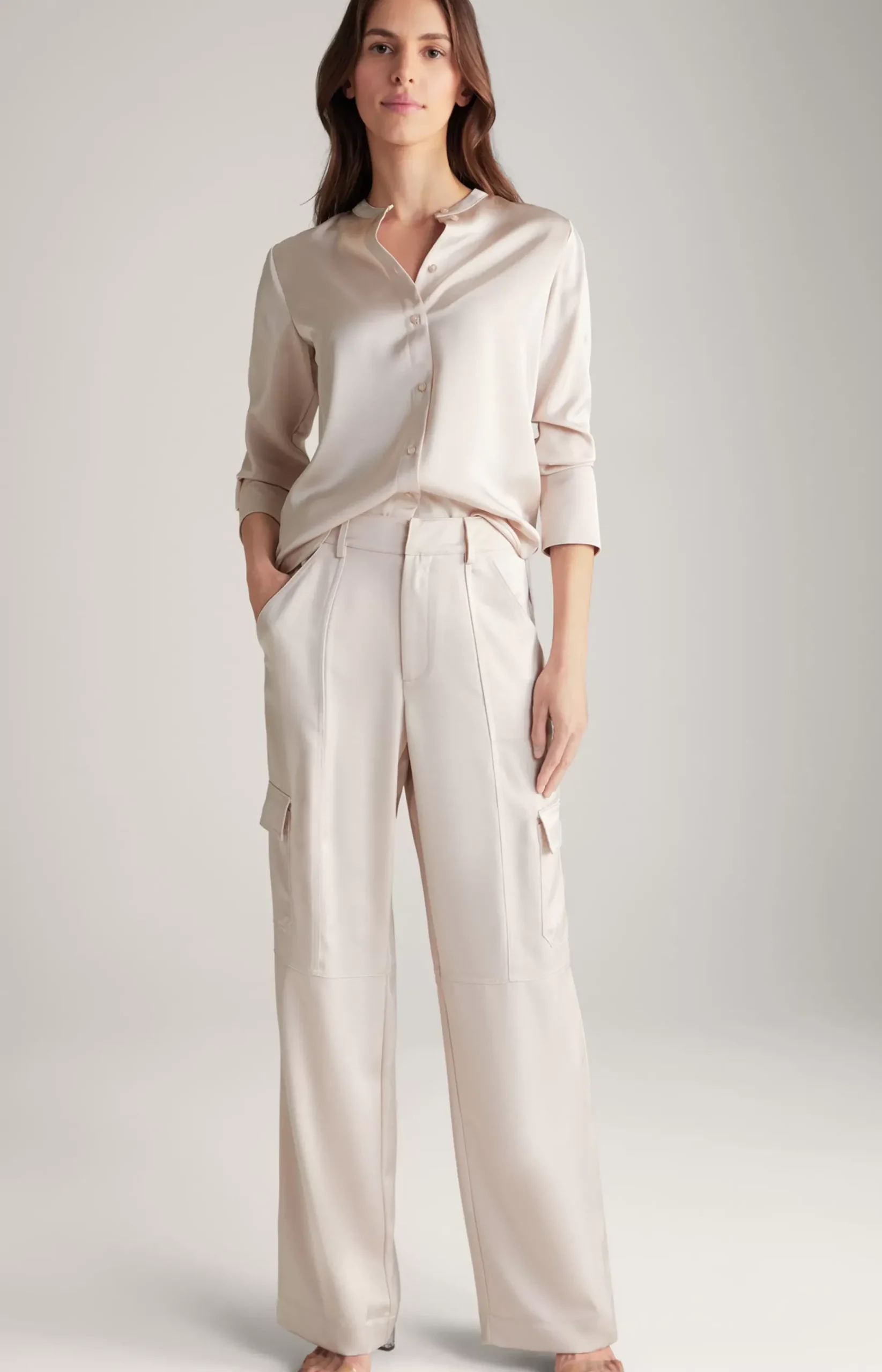 Satin Cargo Trousers in Pale Pink