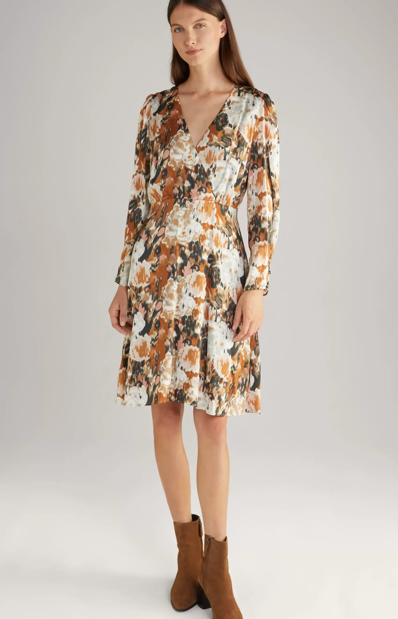 Satin Dress in a Brown/Black/Ecru Pattern