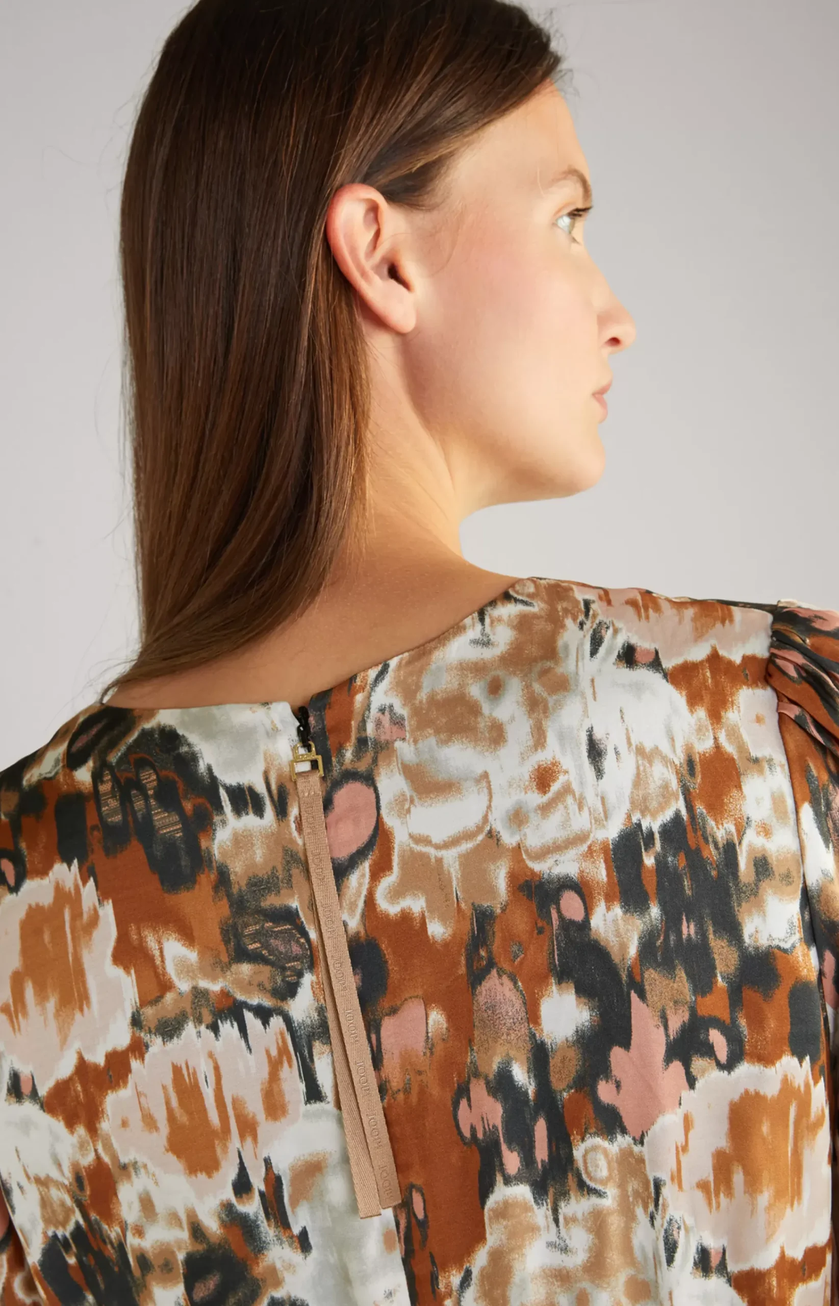 Satin Dress in a Brown/Black/Ecru Pattern