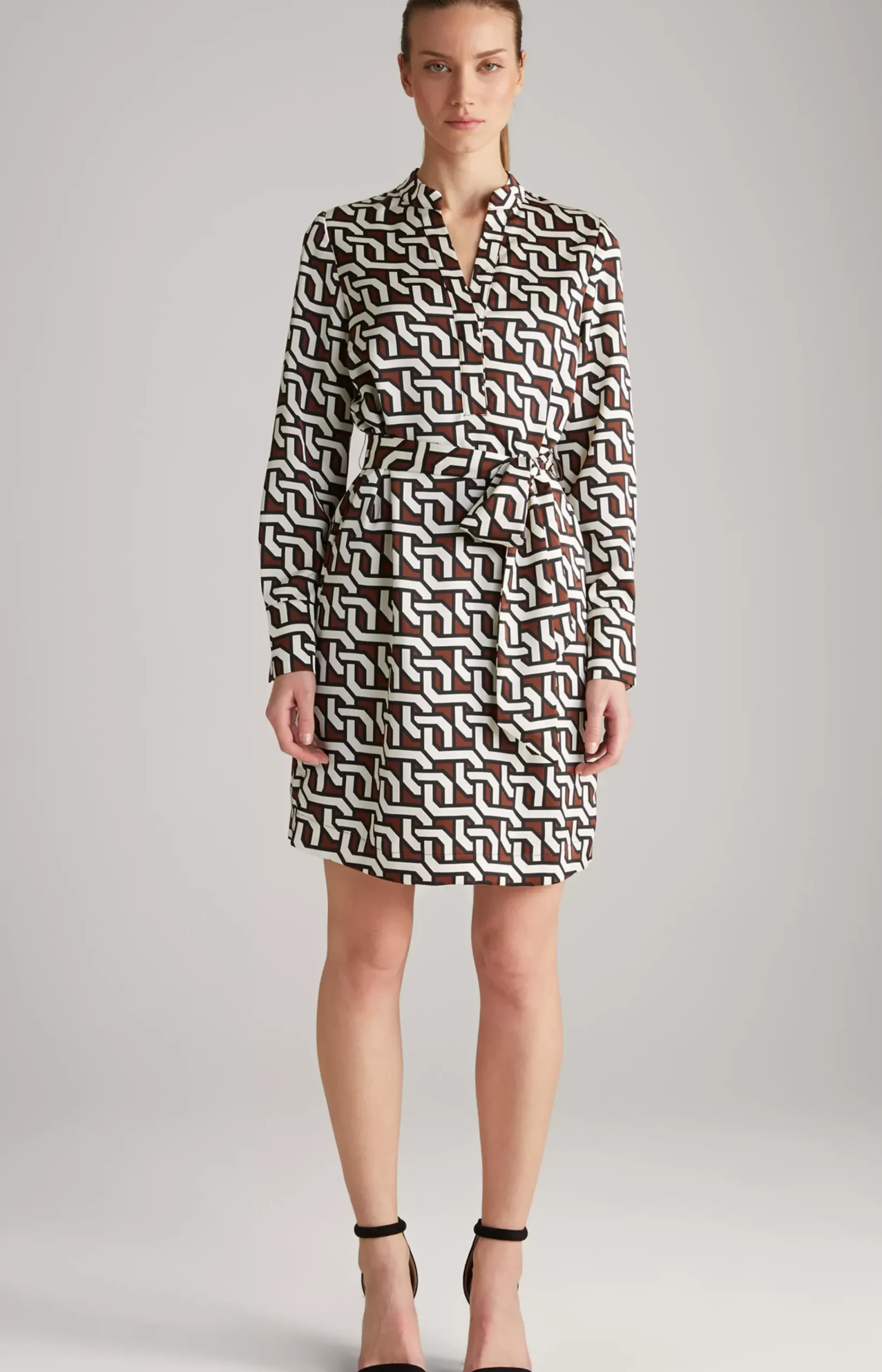 Satin Dress in a Brown/Cream/Black Pattern