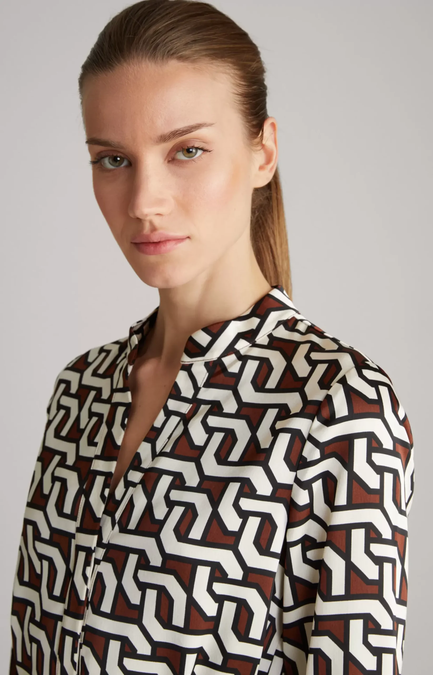 Satin Dress in a Brown/Cream/Black Pattern