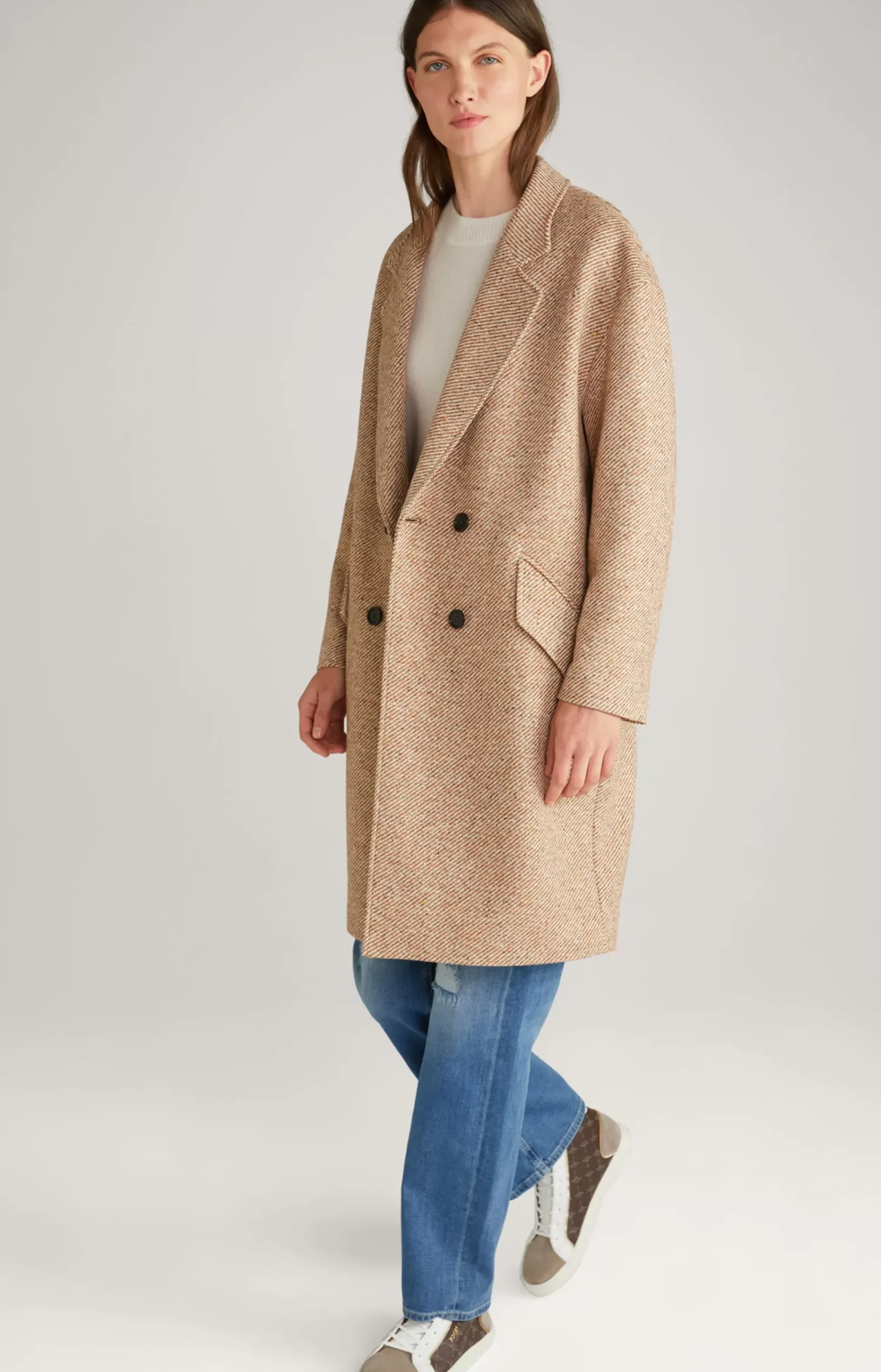 Wool Blend Coat in Brown/Ecru