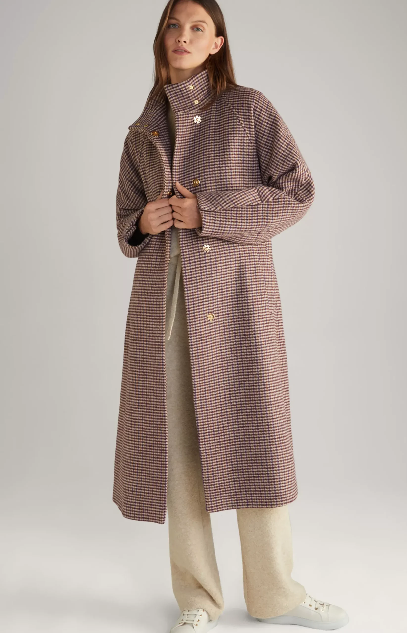 Wool Blend Coat in Ecru/Purple